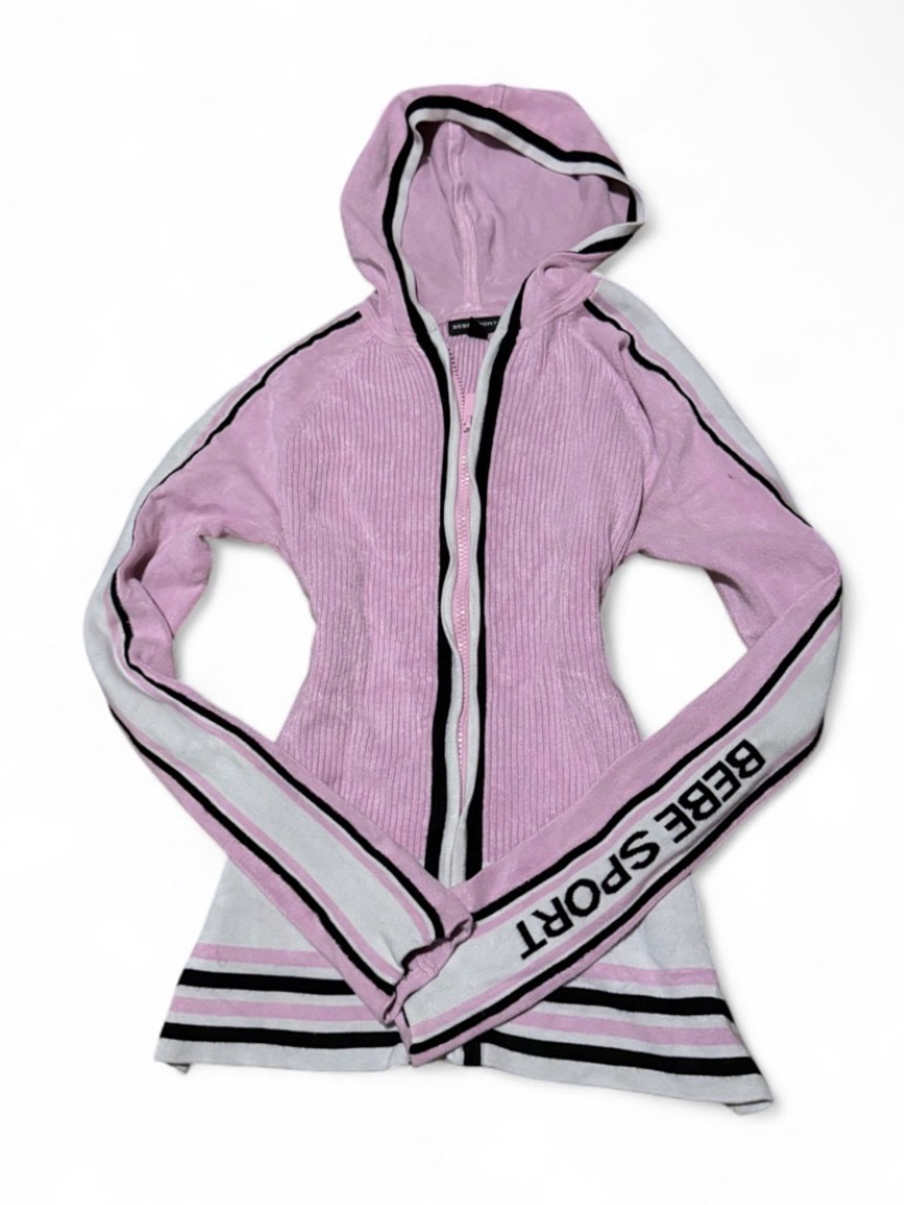 Bebe Sport Vintage Y2K Pink Striped Zip Up Hoodie Sweater